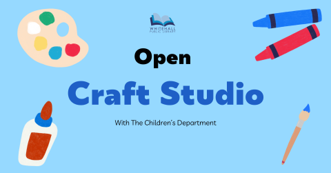 Blue background with crayons, paint and glue in each corner. It says Open Craft Studio.