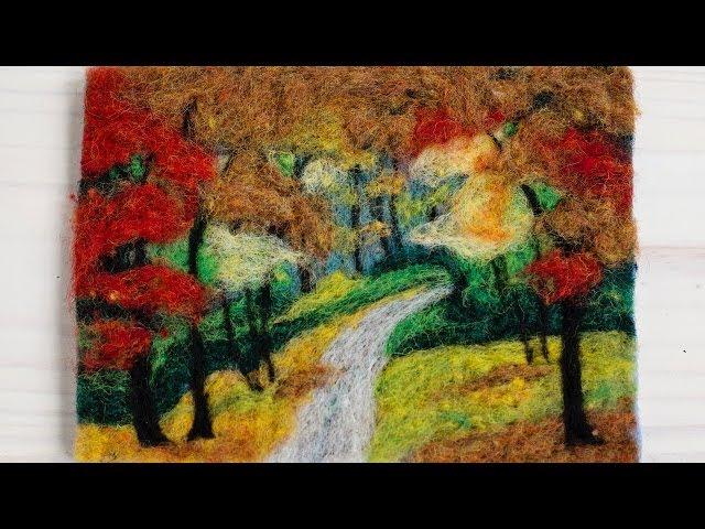 Needle-felted image of trees and fall foliage