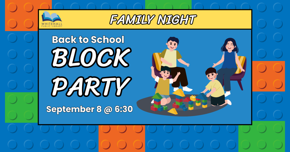 Kids playing with red, green, blue and yellow blocks on a blue background.