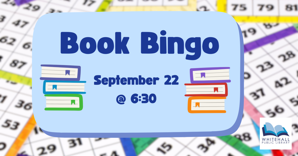 A blue rectangle with two stacks of books on top of a blurred photo of bingo cards.